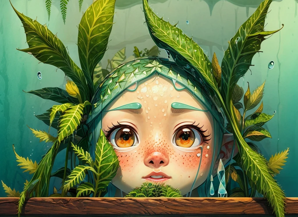 Closeup of Freckly beautiful topless dripping girl (masterpiece), (best quality), HDR, Song of the Sea,
(Plant sheds:1.3), plants, piranhas, ferns, water pipes, indoor, glass,
Cartoon, texture, 2d illustration, high contrast, outlines, (minimalism),