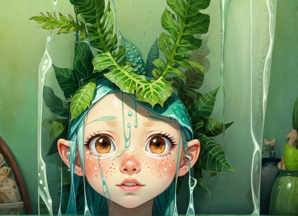 Closeup of Freckly beautiful topless dripping girl (masterpiece), (best quality), HDR, Song of the Sea,
(Plant sheds:1.3), plants, piranhas, ferns, water pipes, indoor, glass,
Cartoon, texture, 2d illustration, high contrast, outlines, (minimalism),