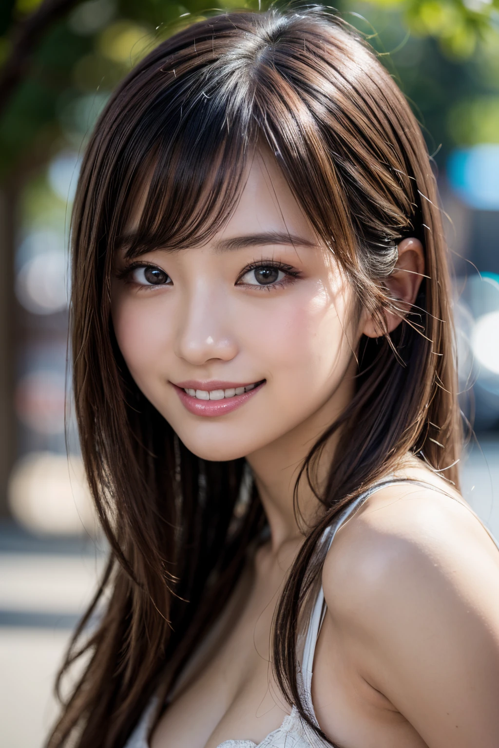 (A hyper-realistic) , (photographrealistic:1.4),(Increase the resolution), (8K), (ighly detailed), (beatiful detailed eyes), (best qualtiy), (Ultra-detail), (​masterpiece), (wall-paper), (Detailed face), solo,1 girl, perfect beautiful japanese woman:1.4、age19、looking at the viewers, delicate detail, A detailed face, murky, deep-shadows, hair messy, asymmetrical bangs, (A smile:1.5),