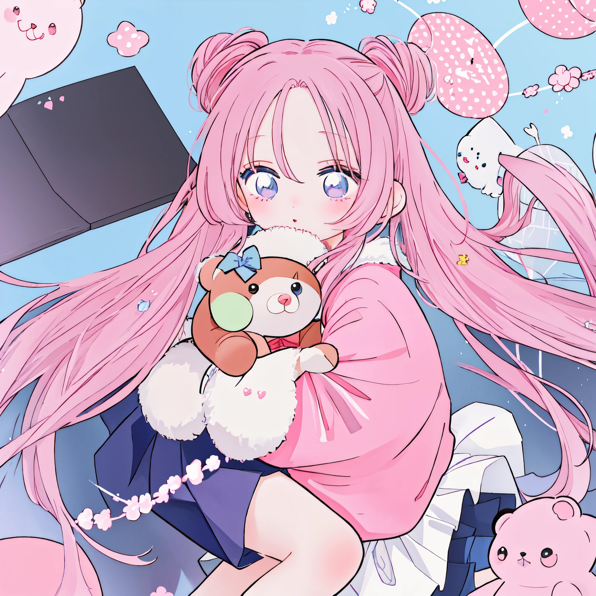 Chica anime con cabello rosado sosteniendo un osito de peluche y una  computadora portátil. - SeaArt AI