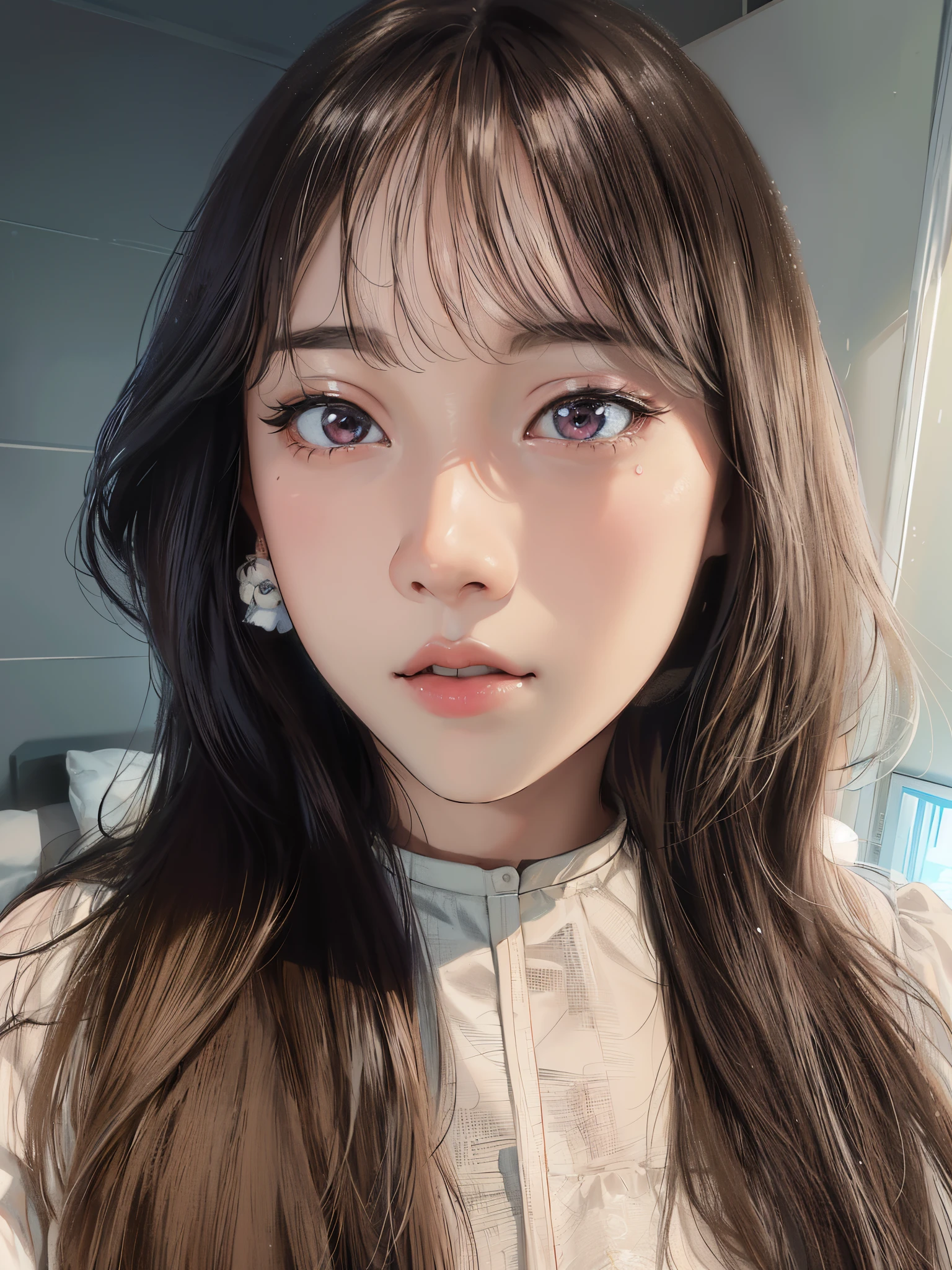 Da ist eine Frau mit langen Haaren und einem weißen Hemd, Kawaii realistisches Porträt, weiches Portraitfoto 8 k, Junges entzückendes koreanisches Gesicht, fahles, bezauberndes koreanisches Gesicht, 8k-Selfie-Foto, klares süßes Gesicht, ulzzang, Porträt von Jossi von Blackpink, mit süßem - feinem - Gesicht, Porträt eines weiblichen koreanischen Idols, junges süßes Gesicht, mit süßen, vernarrten Augen