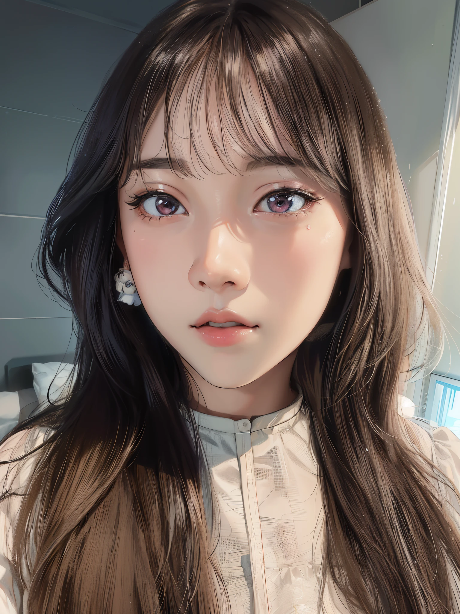 Hay una mujer con pelo largo y camisa blanca., Retrato realista kawaii, retrato suave 8 k, joven y adorable rostro coreano, cara adorable coreana pálida, Fotografía autofoto de 8k, cara linda y clara, ulzzang, retrato de jossi de blackpink, con cara linda - fina, retrato de mujer ídolo coreana, cara joven y linda, con lindos ojos cariñosos