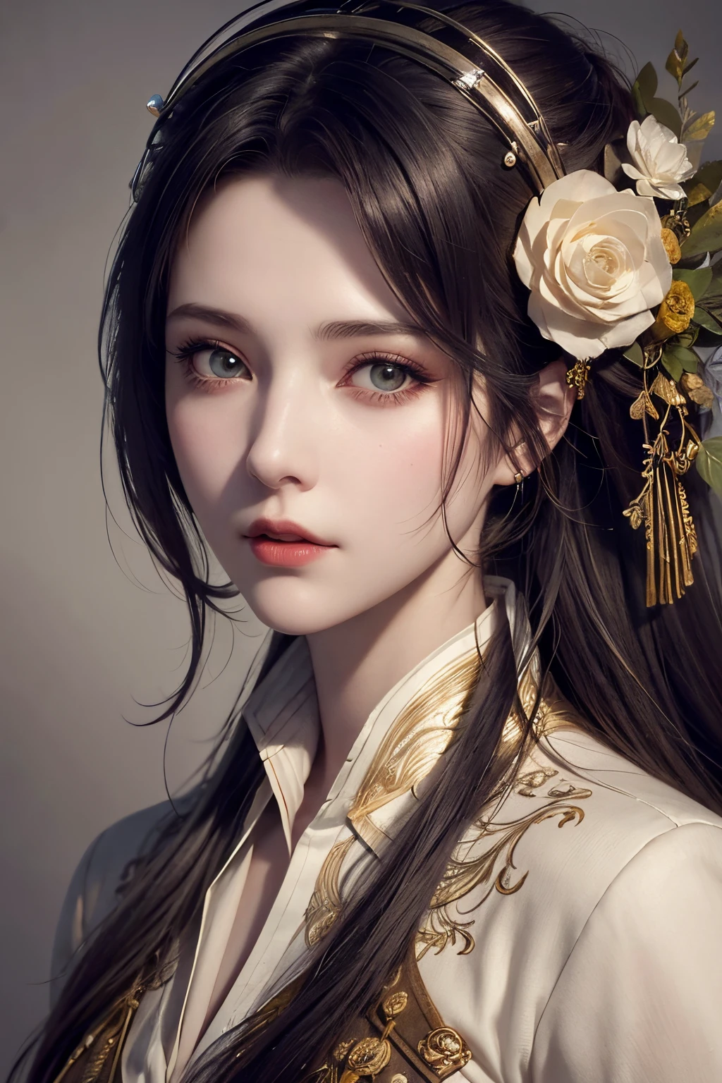 Retrato realista do esboço da litografia de Charlie Bowater de uma mulher, flores, [roda de engrenagem], pipes, dieselpunk, fitas multicoloridas, textura de papel antigo, altamente detalhado