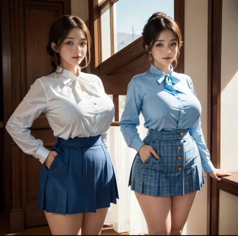 top-quality, 8K picture quality, ​masterpiece, Professional lighting without shadows, A hyper-realistic, perfect anatomia, Two girls, (with perfect body、Colossal breasts with tension:1.2), Whitens bright skin evenly, (Plump red tear bags and bright and bea...