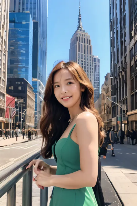 (Best Quality, 8K, masutepiece: 1.3), Clear focus: 1.2,Beautiful photos,fullbody image, Beautuful Women,: 1.4, Extremely beautiful woman,: 1.1, Brown hair, aqua dress: 1.4, newyork,With the Empire State Building in the background,1.1, the city street, deta...