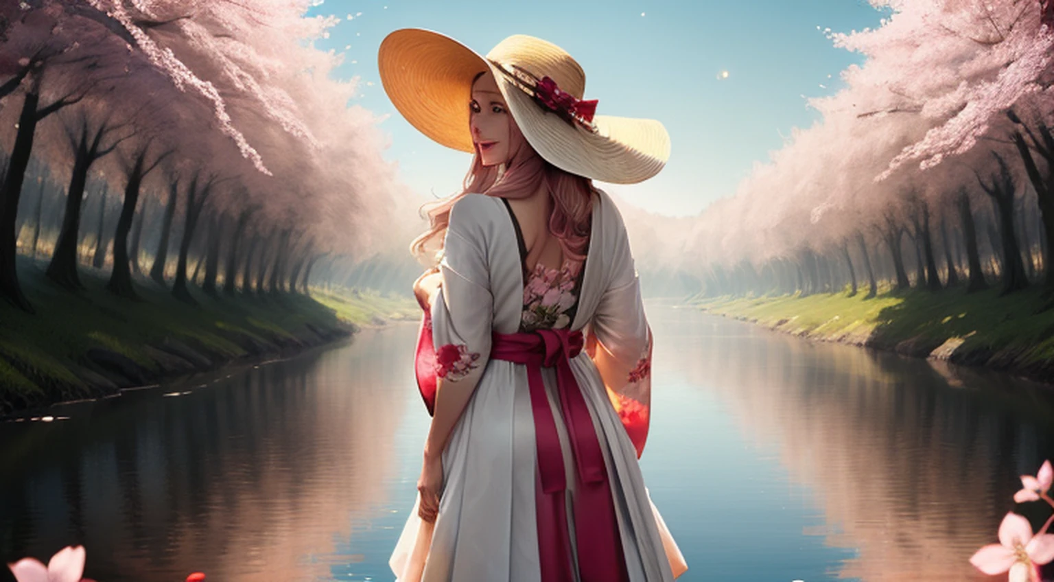 （masterpaintings，Melhor Quoridade），Riverside，There are many tall buildings across the river，profundidade de campo，perfect  lighting，light particles，（Melhor Quoridade），（masterpaintings），（hiper detalhado），foco nítido，light particles，a beautiful Chinese woman standing in a cherry blossom field with a sun hat and wearing pink halter dress, longos cabelos castanhos ondulados, wearing sunglasses, alto e magro, Beautiful, sorriso sutil, Olhando_em_espreitando o espectador，sorrir，sozinho，open sky_Clothes，Arms back，standingn, e de corpo inteiro，Japanese style costume，raio de sol，The tree，De boca aberta，Arms back，cabelos azuis，orelhas brancas，fuchsia eyes