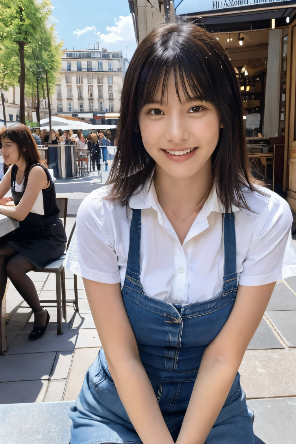 Ultra high-definition images,1 girl,(Black hair semi-long)(Beautiful hair), actress, Smile, Shiny skin, Best Quality, masutepiece, (Photorealistic:1.4), Terrace seating, ue, France, Paris, Denim Mini Skirt (Realistic fabric), short white sleeves (Cotton fabric), (No logo), A cafe on a hill with a view of the Arc de Triomphe in the distance,terrace smiling