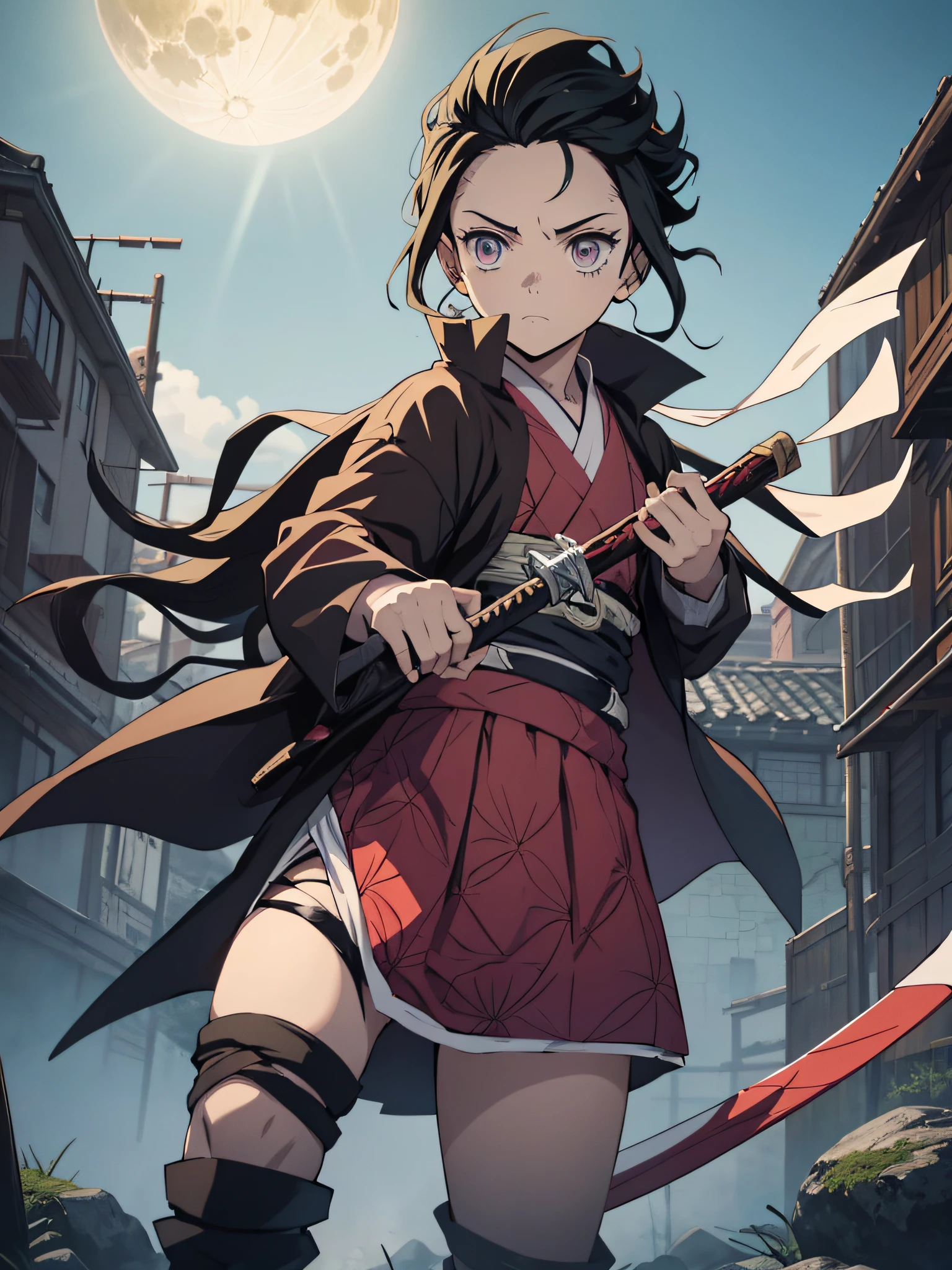 Personagem de anime com cabelo longo segurando uma espada na frente de uma lua cheia, Cara bonito na arte do Demon Slayer, Kimetsu no Yaiba, Inspirado em Demon Slayer, Yoriichi Tsugikuni, estilo de arte do matador de demônios, Imagem de anime de Demon Slayer, Tanjiro Kamado