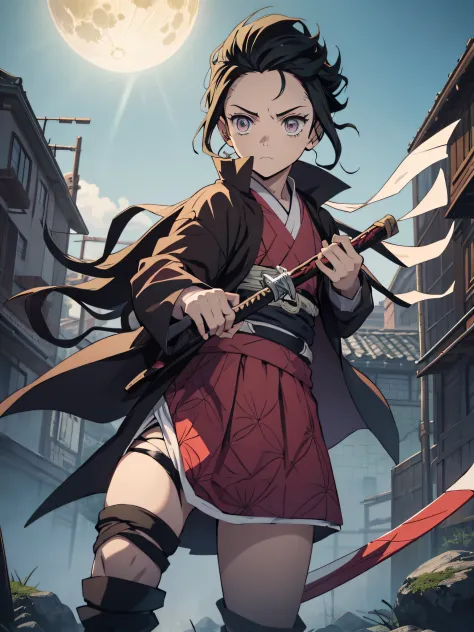 Personagem de anime com cabelo longo segurando uma espada na frente de uma lua cheia, Cute guy in demon slayer art, Kimetsu no y...