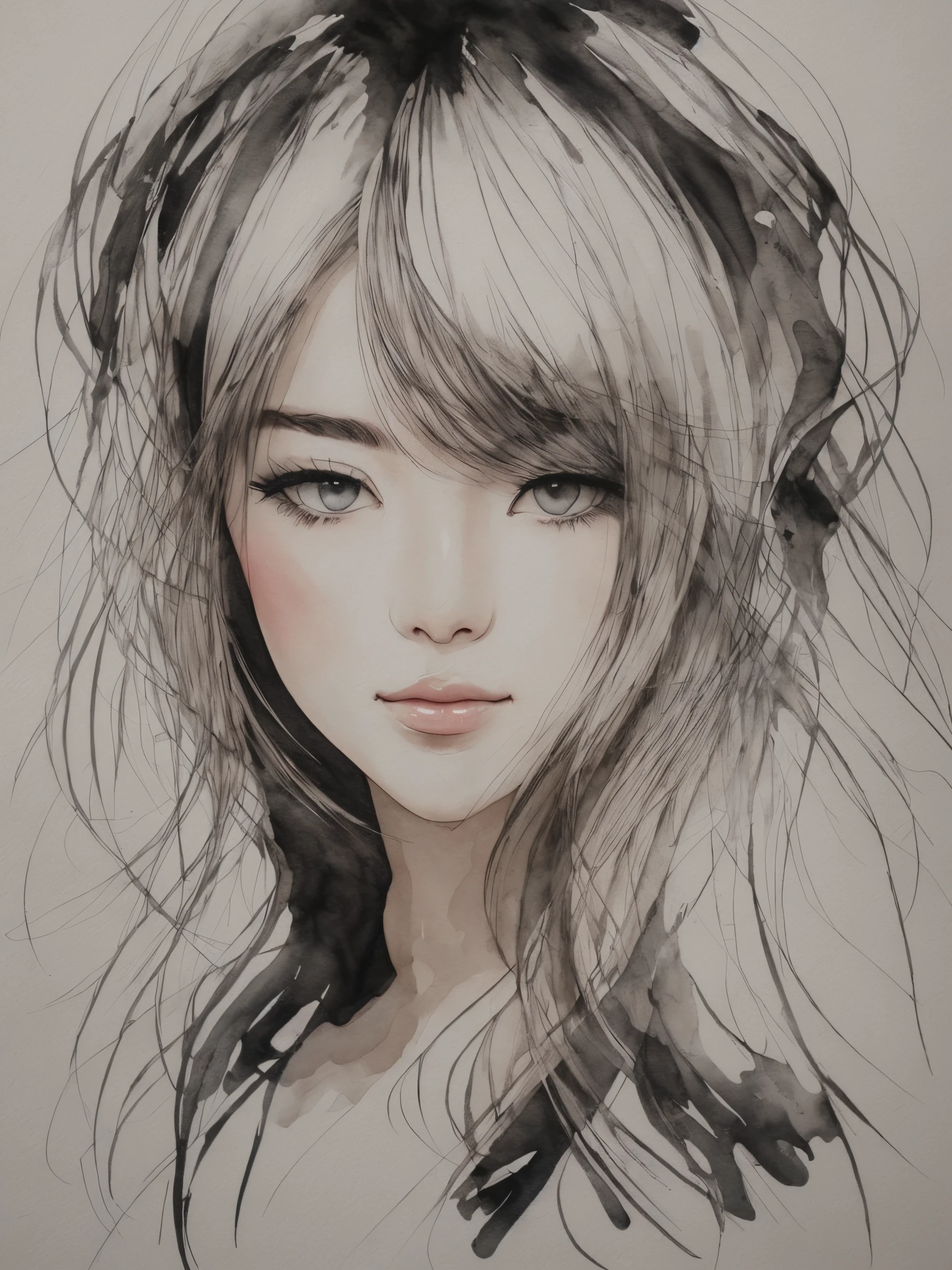 A drawing of a woman with long hair and bangs - SeaArt AI