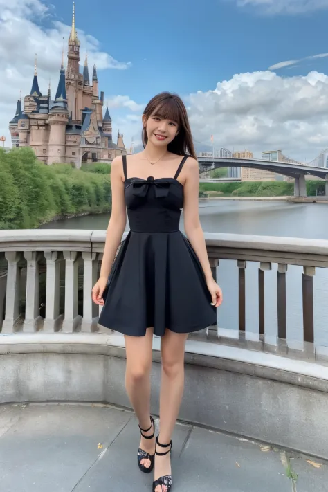 Ultra high-definition images,1girl in,Bangs,Black，skyporn,river bridge,building,castle,city,Cityscape,cloud,day,red satin dress,Smile and dress,look up to,fullbody image,bow ribbon,skyporn,Skyscraper,Solo,,Town,(masutepiece,,newest,Cute face and full body ...
