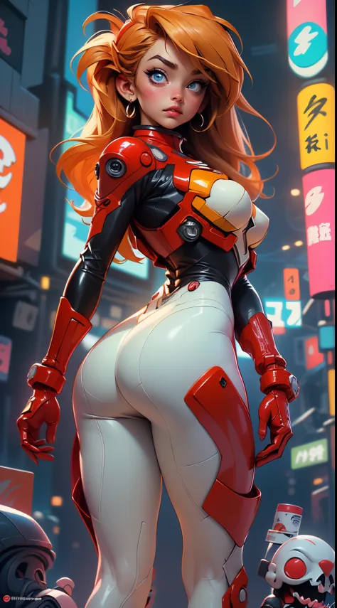 (rear view, backside view),((La mejor calidad, better resolution, Retrato premiado, Arte Oficial)), ((Obra maestra perfecta)), ((realista)) and ultra detailed photography of a nerdy cyberpunk souryuu asuka langley girl with gothic and post apocalyptic colo...