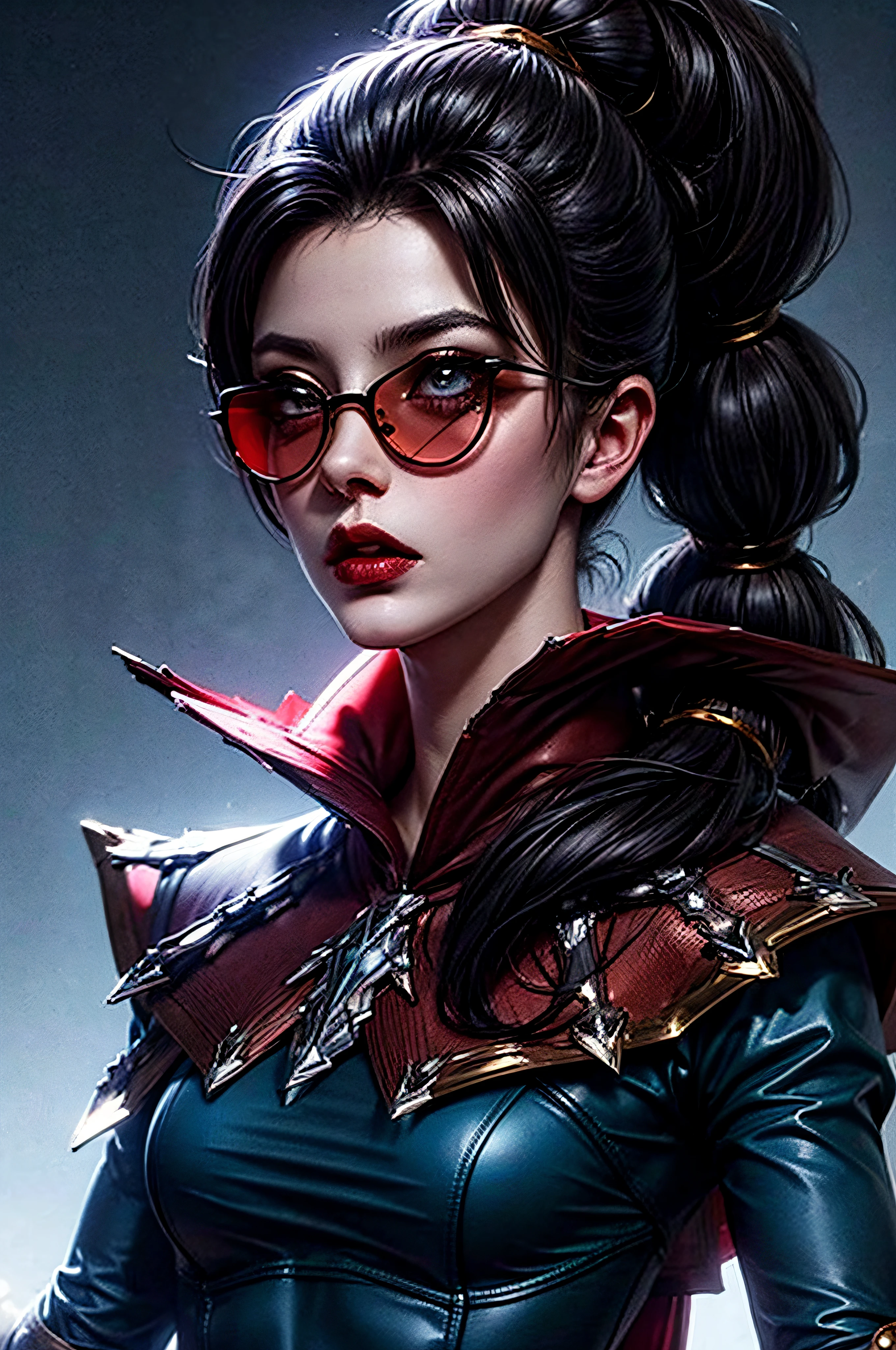 ((face portrait)), (masterpiece), best quality, expressive eyes, perfect face, vayne, 1girl, solo, long hair, black hair, gloves, ponytail, cape, sunglasses, ruin background, standing, portrait, looking at viewer, from frontal