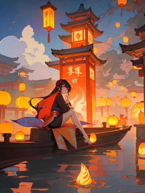 anime girl sitting on a boat in the water，lanterns floating around, anime beautiful peaceful scene, japan art style, ross tran. ...