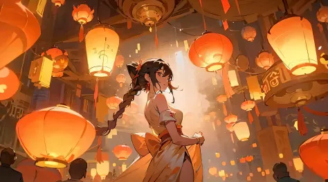 there is a woman in a white dress standing in a room with a lantern, artgerm and atey ghailan, rossdraws global illumination, in...