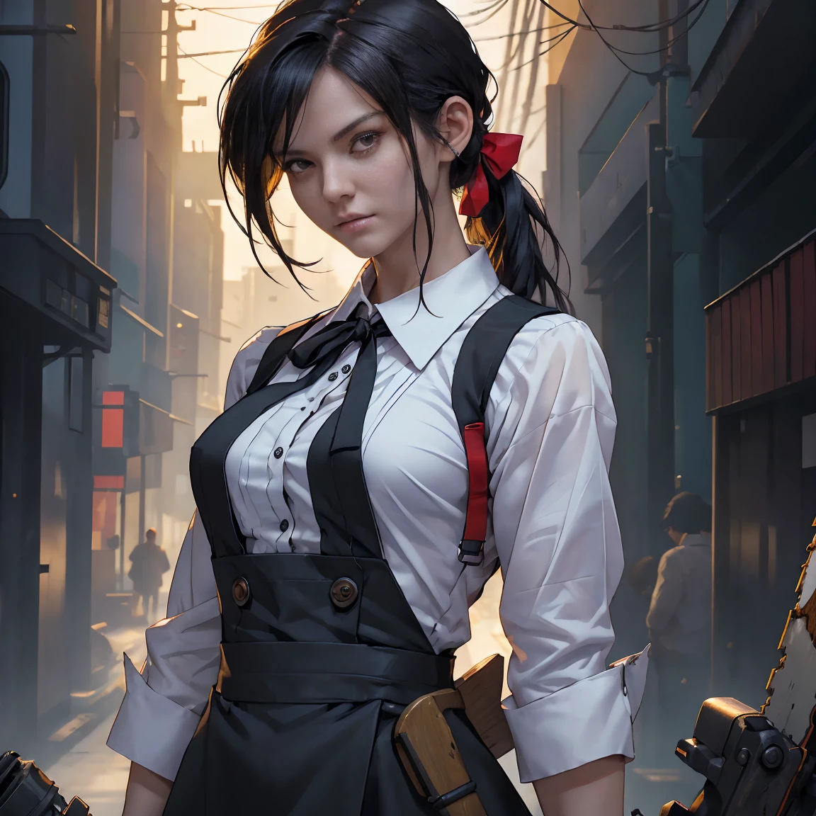 ((masterpiece, best quality)), (1girl), (solo), (female focus), yoru (chainsaw man),(very detailed face, real image, realistic white skin, realistic body, intricate details), upper body, focus on face, black hair tied, long hair, intimidating look, black pinafore dress, shirt, neck ribbon, small breasts