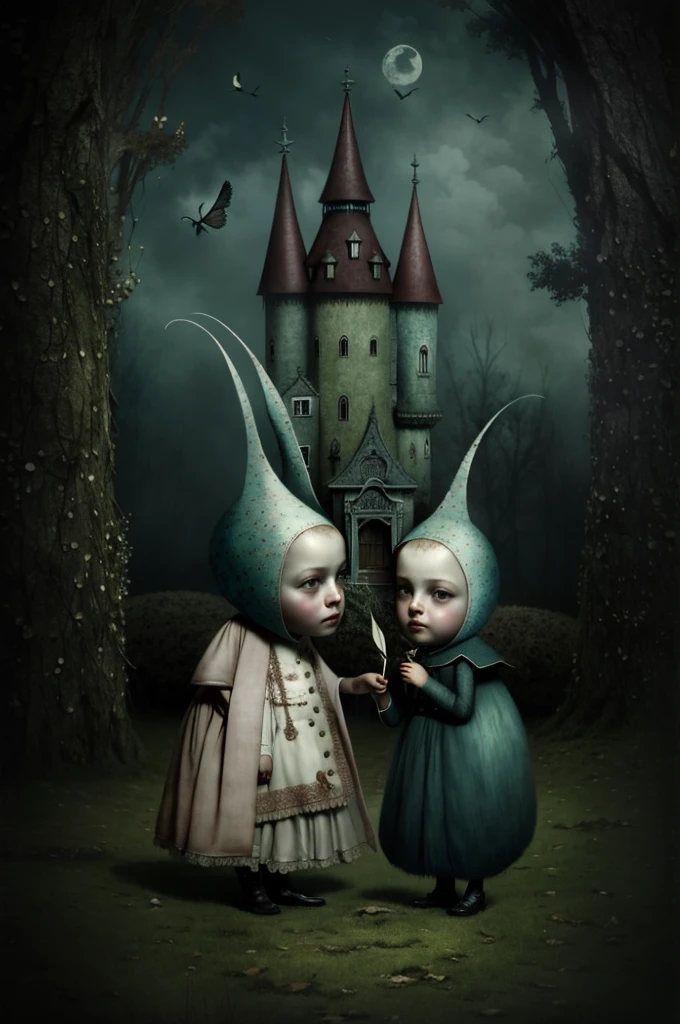 Il y a deux personnages de dessins animés debout devant un château, Anton Semenov, Style Alexander Jansson, Inspiré par Nicoletta Ceccoli, par Nicoletta Ceccoli, inspirado par Alexander Jansson, Beeple et Jérémie Ketner, par Alexander Jansson, Art surréaliste et fantastique, Benjamin Lacombe, par Ray César