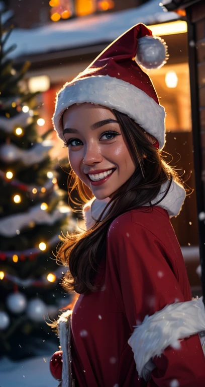 圣诞红色圣诞老人礼服, 雪背景, 圣诞树背景, 令人惊叹的圣诞灯, 灿烂的笑容, 圣诞礼物, 8k 电影, 体积照明, 光闪烁粒子