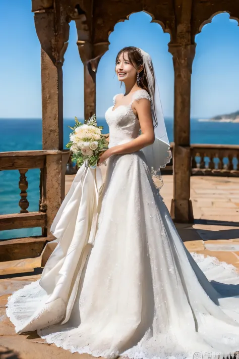 (Best Quality, High Definition, masutepiece:1.2,)details beautiful face,,mediterranean,In front of the chapel overlooking the sea, Daytime, 1girl in, Full body, (wedding dress),white and sparkly bridal dress, Waiting for shooting, Looking at Viewer, Woman ...