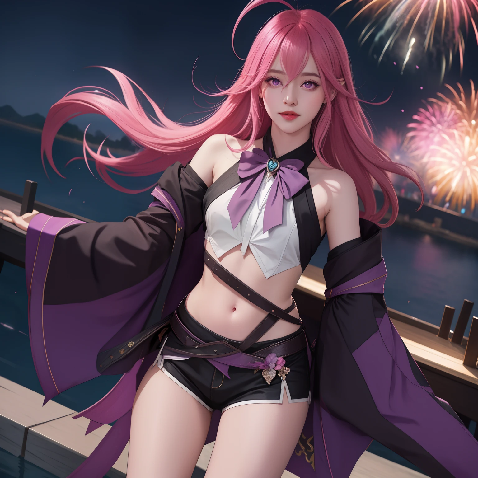 Keera, 1girl, pink hair, hair spread out, hair between eyes, very long hair, bowtie, parted lips, pointy ear, purple eyes, sleeves past wrists, black sleeves, black shorts, belt, detached sleeves, ahoge, heart necklace, navel, smile, looking at viewer, lily \(flower\),(fireworks),(aerial fireworks),firework background,(night),shrine,lake, light reflection \(water\), standing, from below,fiction art, RAW photo, hanfu picture, best photo, best photo quality, 8k quality, 8k ultra, super realistic, real photo most economical, the goddess poses sexy and seductive,