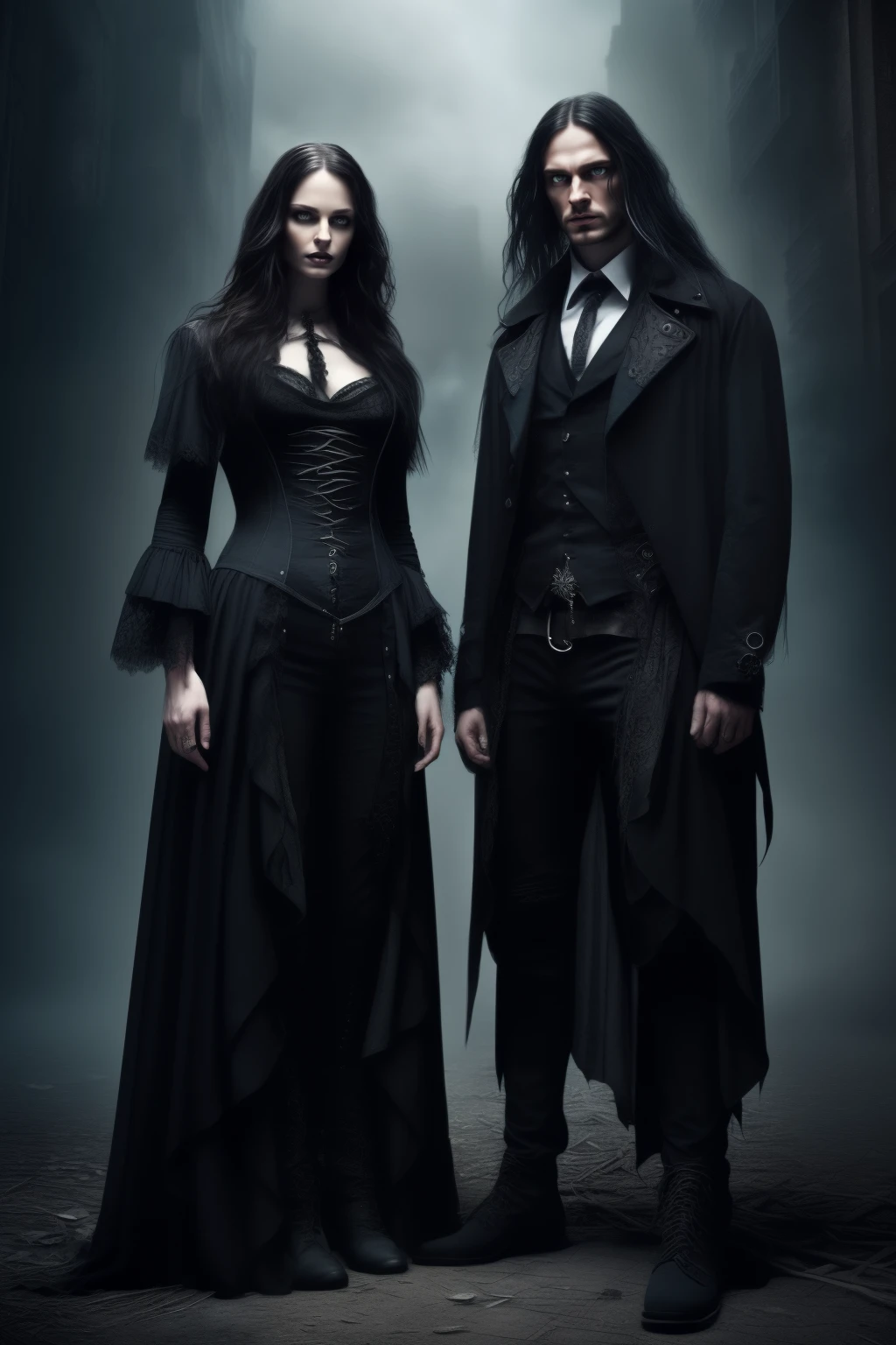 A couple of people dressed in gothic clothing standing in a dark alley -  SeaArt AI