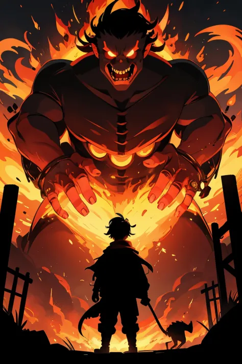1 big fire monster, emerging from a kingdom, scary, very terrifying. 1 silhouette of a boy, seeing him