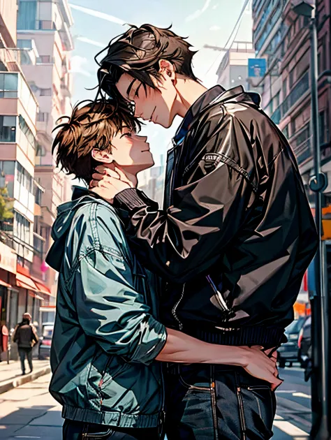 Cartoon same-sex couple on the street with buildings in the background, guweiz, artwork in the style of guweiz,  Yaoi,  Cute boy...