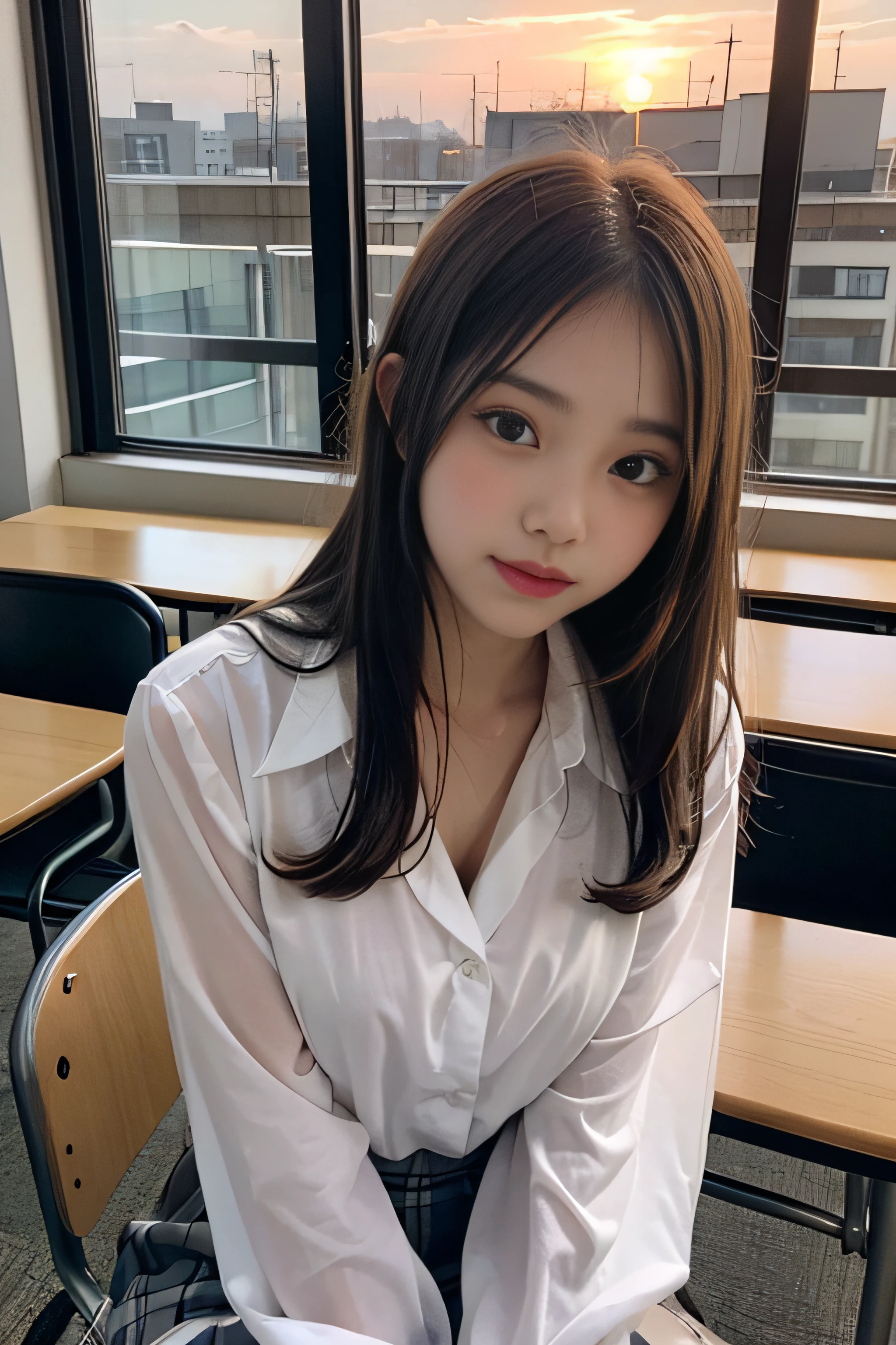 1 Girl Em、japanse、 (soio)、(chest shot up)、18year old、(Sitting on a school chair by the window)、She's looking at it、Sunset hits、(ultra cute girl:1.5)、(A detailed face)、Textured Leather、Adult Face、Bare legged、Brown hair、(校服)、Junior High School、crass room、School Desks and Chairs、The windows are full of residential areas and sunsets.