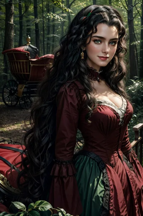 a woman with ((long curly black hair)), ((green eyes)), 18 years old, smiling, sexy body, wearing red dress with colorful layers...
