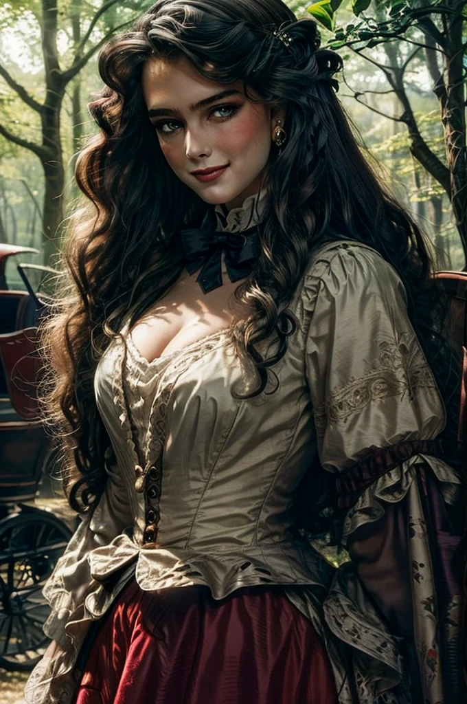 Eine Frau mit ((lange lockige schwarze Haare)), ((grüne Augen)), 18 Jahre alt, lächelnd, Sexy Körper, trägt ein rotes Kleid mit bunten Lagen und weitem Rock,((Stil der viktorianischen Ära)), ((Halbkörperaufnahme)), im Hintergrund Zigeunerkutsche in einem Wald, Daeni-Pin-Stil, [Daniel F. Gerhartz Style::0.5], UHD Image, Mieten, 8k, Photo-realistisch, episches Licht, scharf, realistisch, romantisch, Fokus,