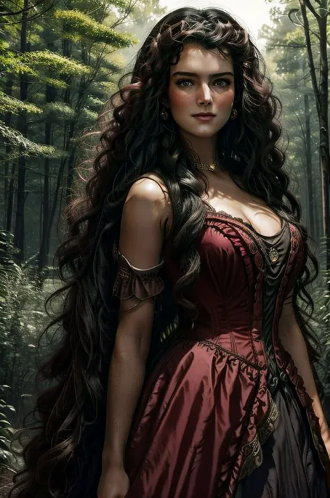 a woman with ((long curly black hair)), ((green eyes)), 18 years old, smiling, sexy body, wearing red dress with colorful layers...