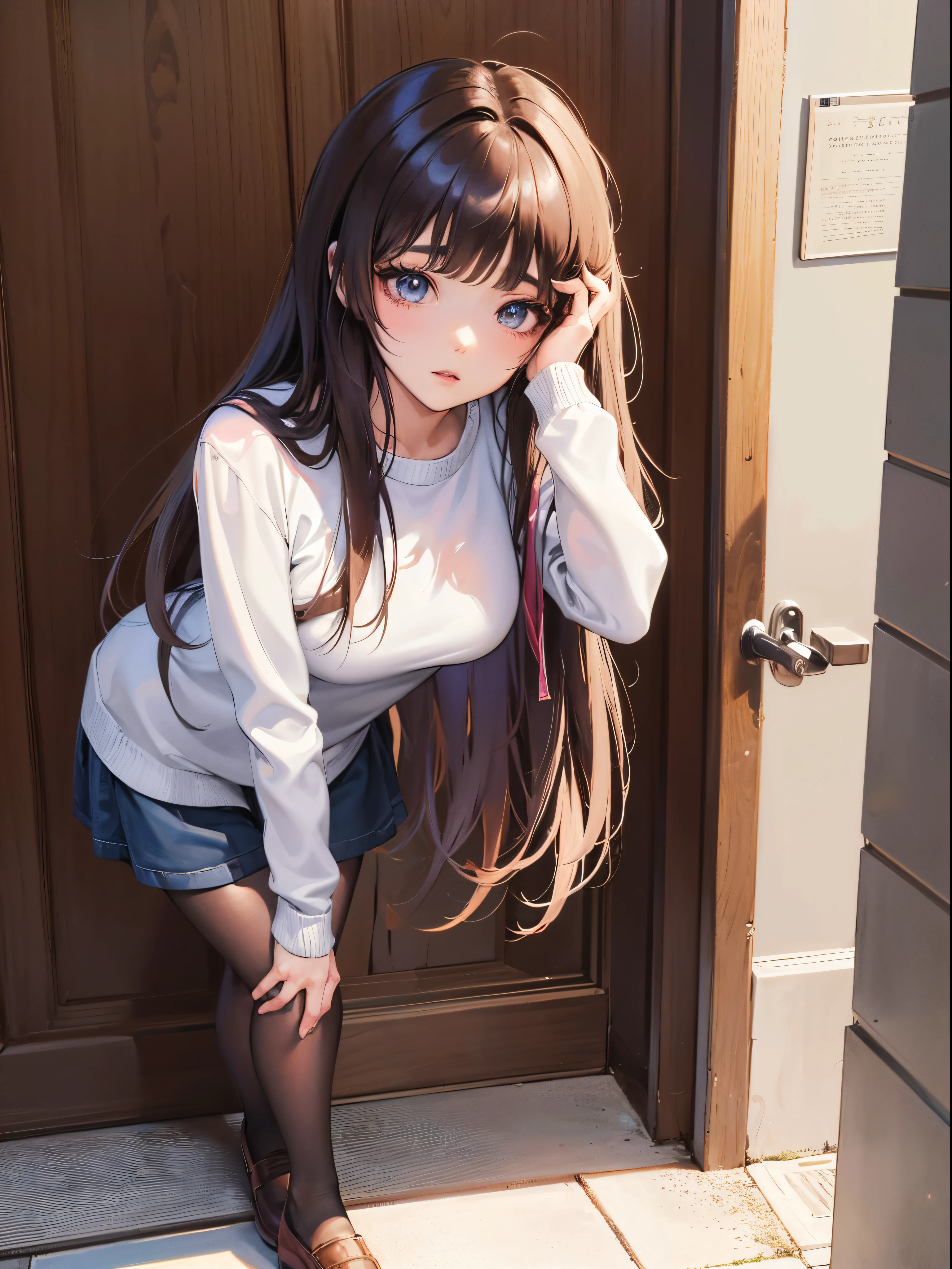 Chica anime con cabello largo apoyada en una puerta con la mano en la  cabeza - SeaArt AI