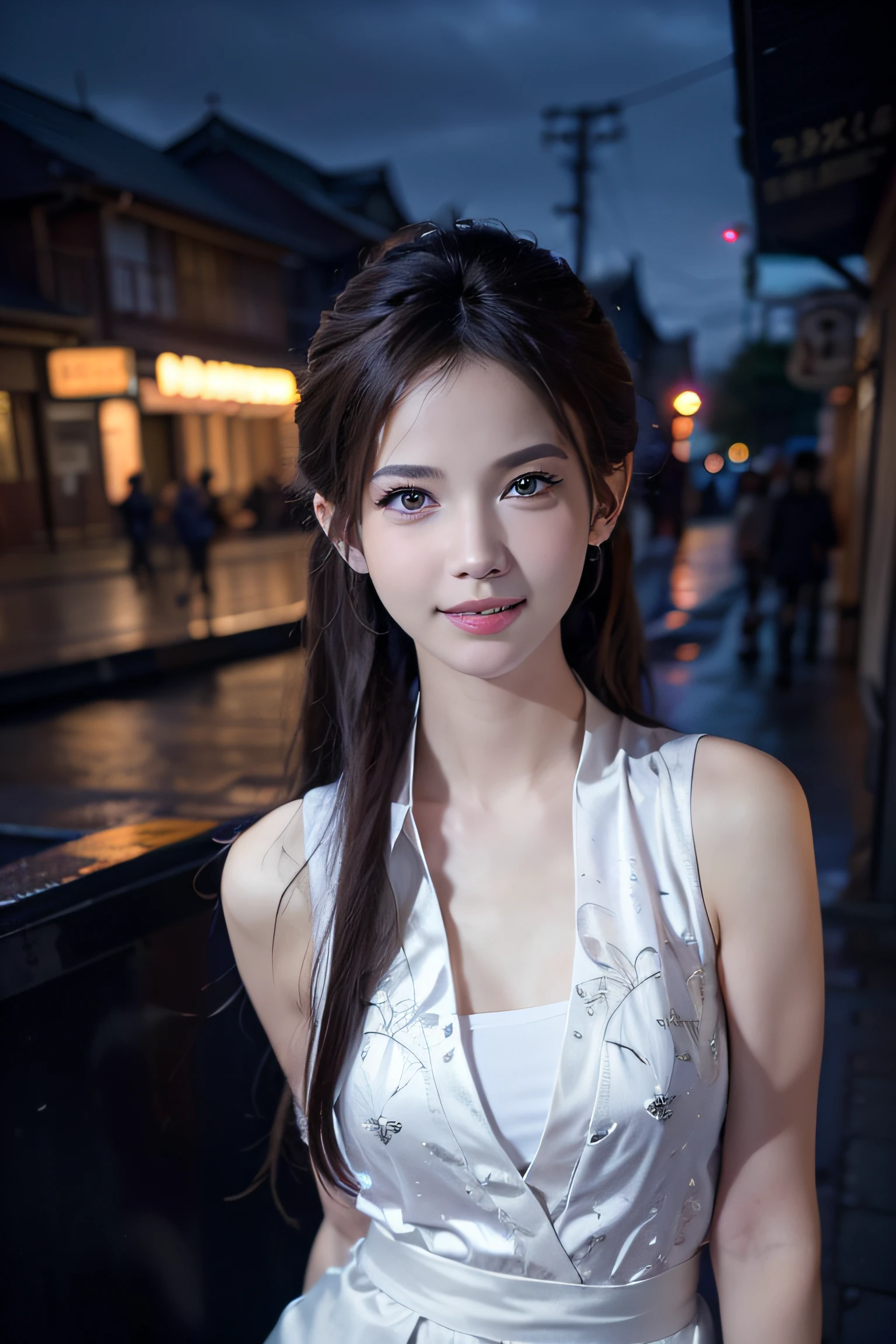 (photorealistic:1.4),(detailed eyes:1.3),(realistic, photo-realistic:1.37),(Medium view:1.5),(Half body),1girl,best quality,ultra-high res,Tokyo street,Vest,long Colour hair,waist,Smile,Slim,Night,