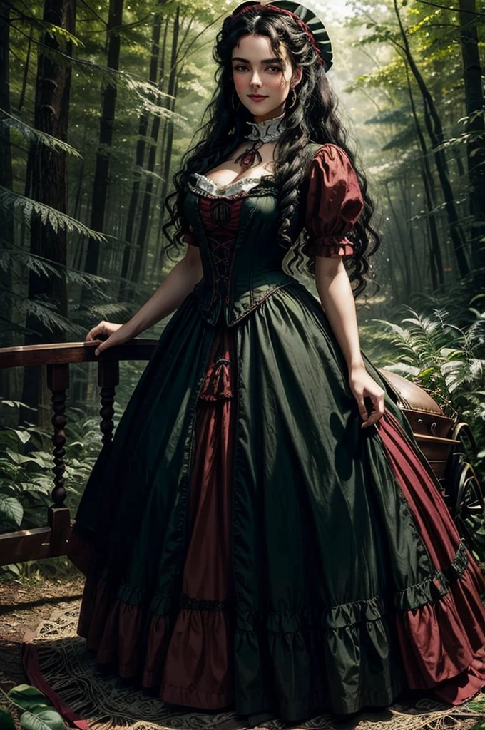 a woman with ((long curly black hair)), ((green eyes)), 18 years old, smiling, sexy body, wearing red dress with colorful layers and full skirt,((Victorian era style)), ((Half Body Shot)), in the background gypsy carriage in a forest, Daeni Pin Style, [Daniel F. Gerhartz Style::0.5], UHD Image, Hire, 8k, Photo-Realistic, Epic Lighting, Sharp, Realistic, Romantic, Focus,