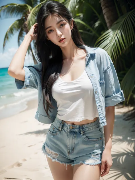 best quality,realistic,photorealistic:1.37,bluish colored,long-haired,korean woman,white shirt,denim shorts,strolling on the beach,gently tousled hair,detailed face,devilish image