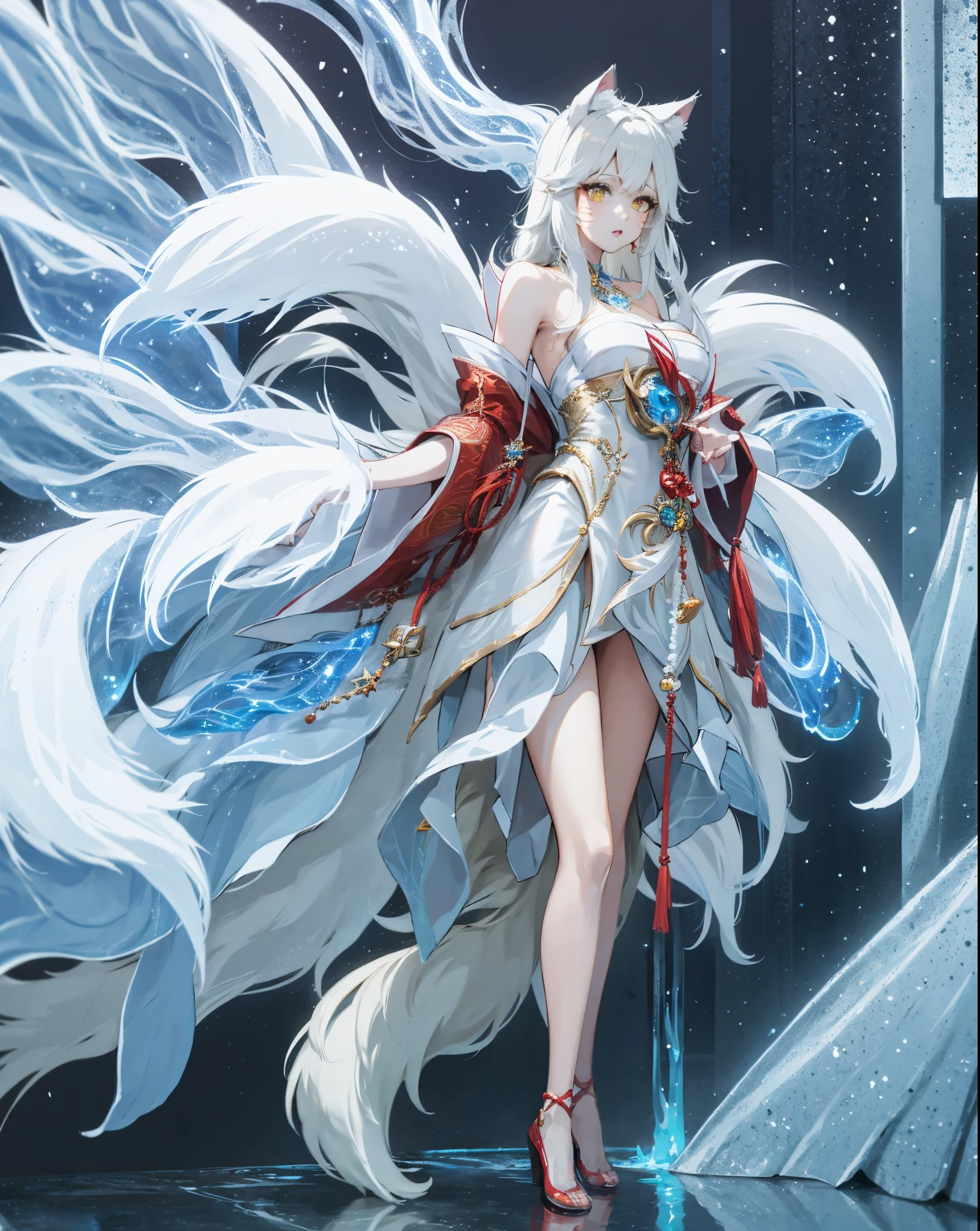 1 plump girl, Full body standing painting, solo, fox ear, fox tails, Gorgeous white dress, oda, Tanuki League of Legends,