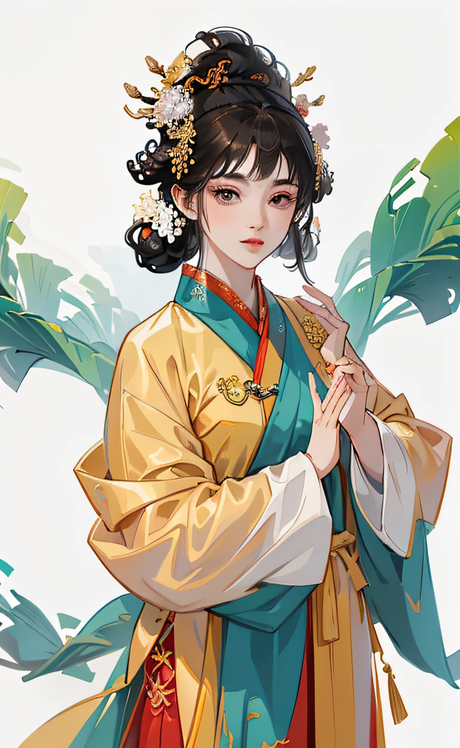 A girl, ancient Chinese costume, whole body, sunshine, clear face, clean white background, masterpiece, super detail, epic composition, ultra HD, high quality, extremely detailed, official art, uniform 8k wallpaper, super detail, 32k