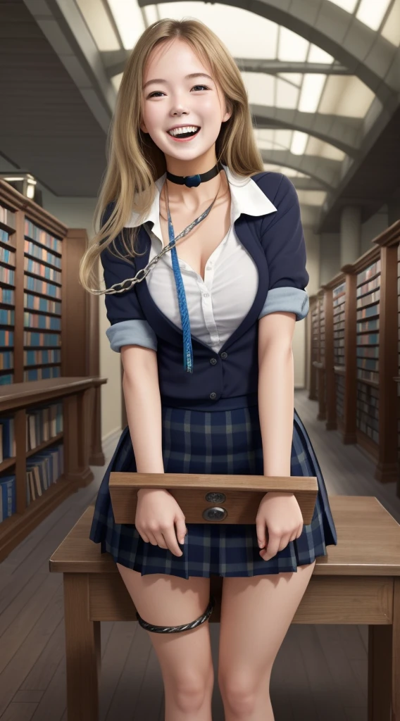 Meisterwerk, ein schönes Schulmädchen, langes blondes Haar, (Fantasy-Bibliothek-Hintergrund), erotisches Fotoshooting, über einen Schreibtisch gebeugt, hinterrücks, Schulmädchenuniform, Fesseln an den Beinen, Kuhglocke am Halsband, glückliches Gesicht, Blick zum Betrachter offene Augen