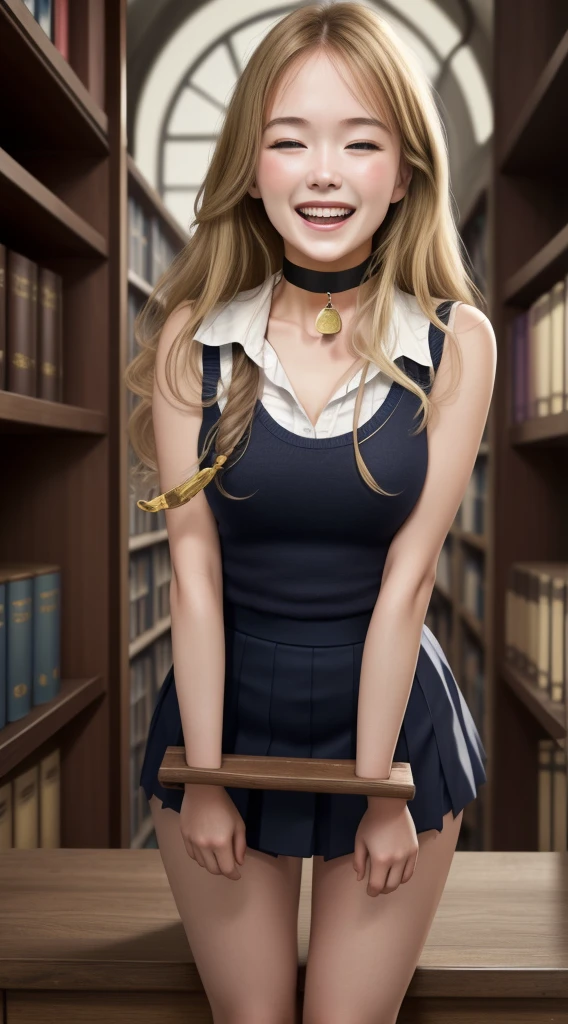 Masterpiece, a beautiful schoolgirl, long blonde hair, (fantasy library background), erotic photoshoot, bent over a desk, from behind, schoolgirl uniform, shackles on legs, cow bell on choker, happy face, looking to the viewer open eyes