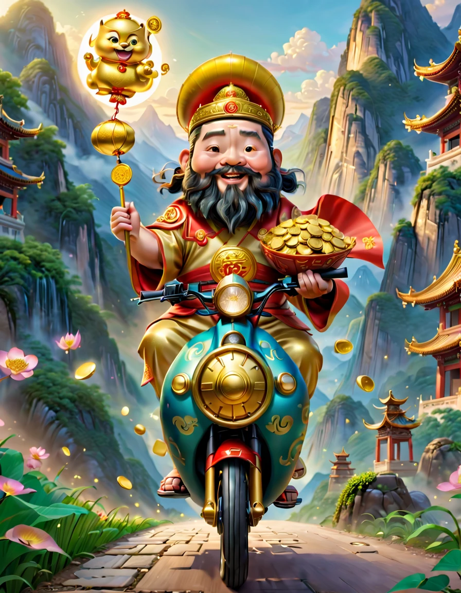 pixar style，（The god of wealth in Chinese mythology），A lovely God of Wealth，Riding an e-bike，Holding gold ingot in hand，clean backdrop，Background full of treasures