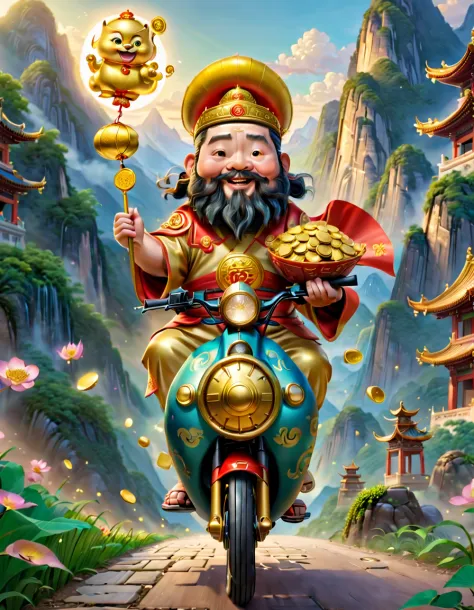 pixar style，（the god of wealth in chinese mythology），a lovely god of wealth，riding an e-bike，holding gold ingot in hand，clean ba...