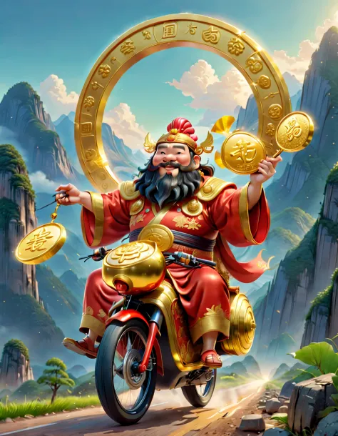 pixar style，（The god of wealth in Chinese mythology），A lovely God of Wealth，Riding an e-bike，Holding gold ingot in hand，treasure...