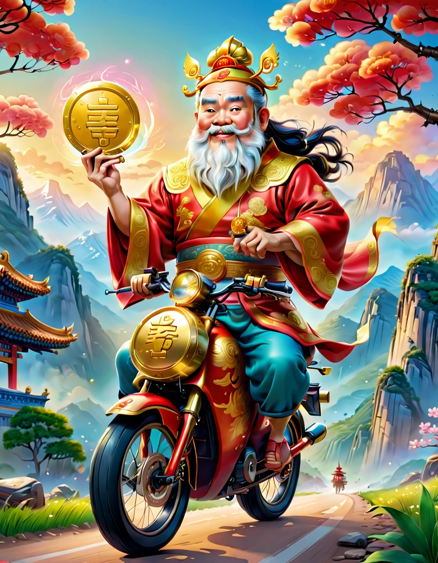 pixar style，(Long-range shooting: 1.5),（China - Chic Chinese Mythical God of Wealth，anatomy correct，Oriental elements），(A lovely God of Wealth，Riding an e-bike，Holding gold ingot in hand，Treasures follow)，(China - funky illustration：1.5，Vector painting：1.5），（Chinese colors，senior color matching，gradient backgrounds，white backgrounid），（The is very detailed，Reasonable design，Clear lines，High- sharpness，best qualtiy，tmasterpiece，offcial art，movie light effect，8K）