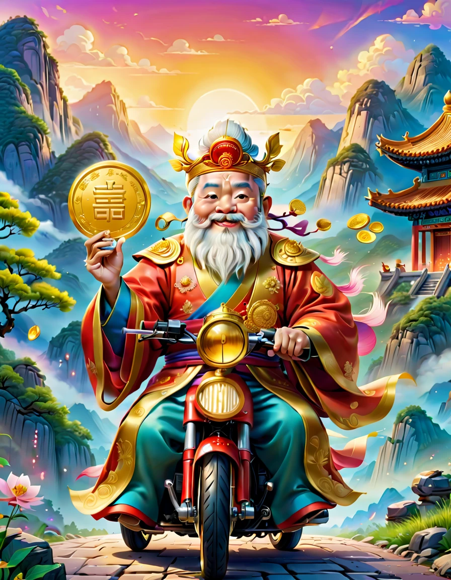 pixar style，(Long-range shooting: 1.5),（China - Chic Chinese Mythical God of Wealth，anatomy correct，Oriental elements），(A lovely God of Wealth，Riding an e-bike，Holding gold ingot in hand，Treasures follow)，(China - funky illustration：1.5，Vector painting：1.5），（Chinese colors，senior color matching，gradient backgrounds，white backgrounid），（The is very detailed，Reasonable design，Clear lines，High- sharpness，best qualtiy，tmasterpiece，offcial art，movie light effect，8K）