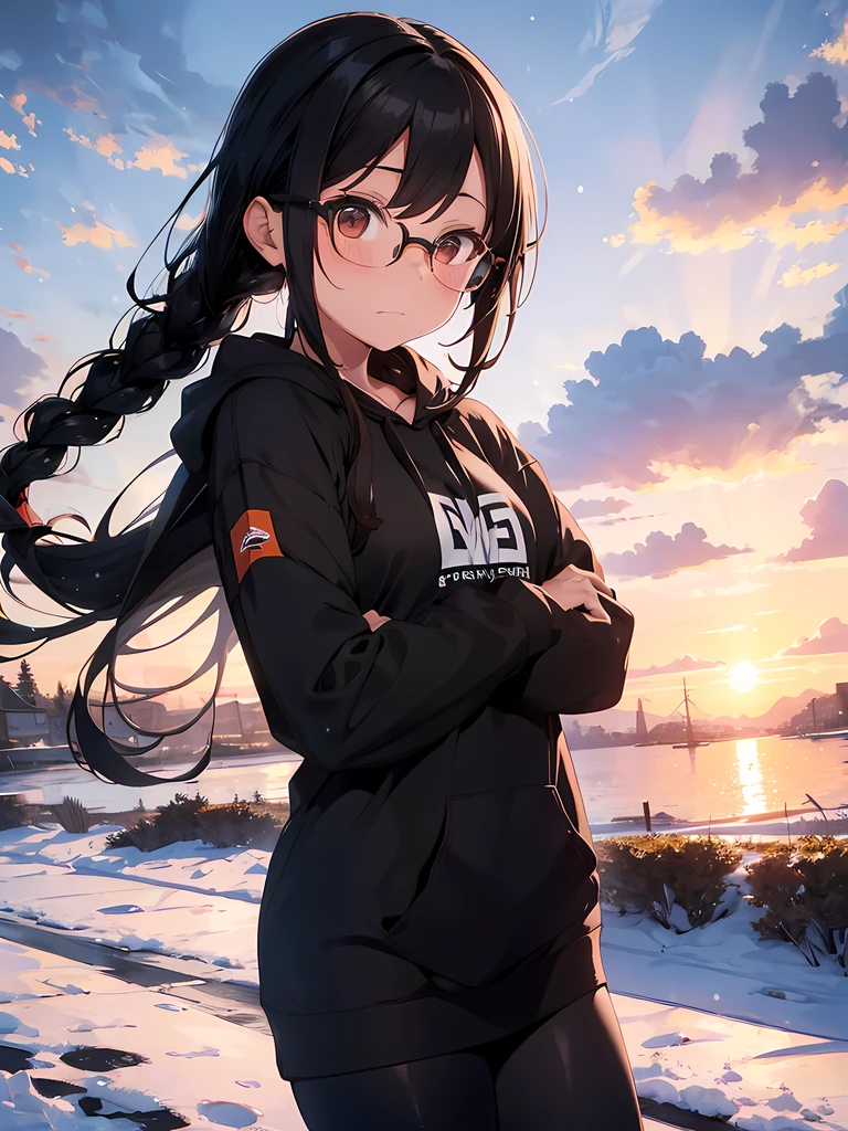 1girl, long black hair, braid, brown eyes, wearing black hoodie, leggings, glasses, biting lips, blushing, absurdres, high res, ultrasharp, 8K, masterpiece, looking at viewer, snow, comfy, scenery, sunset, clouds, wind