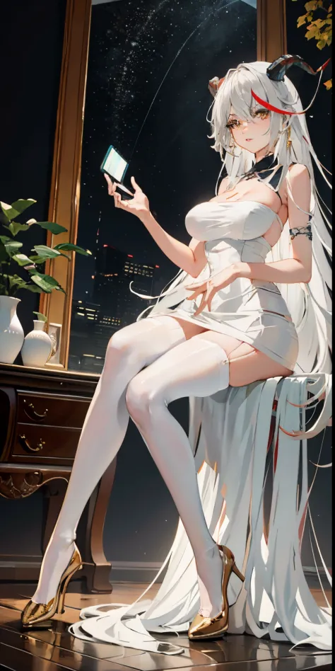 Arav is sitting on the stool，phone in hand, smooth anime cg art, cute elegant pose, Stylish white skinny suit, Sit Pose, The character is in a natural pose, Elegant and seductive posture, Anime Barbie wearing white stockings, A surreal schoolgirl, Casual p...