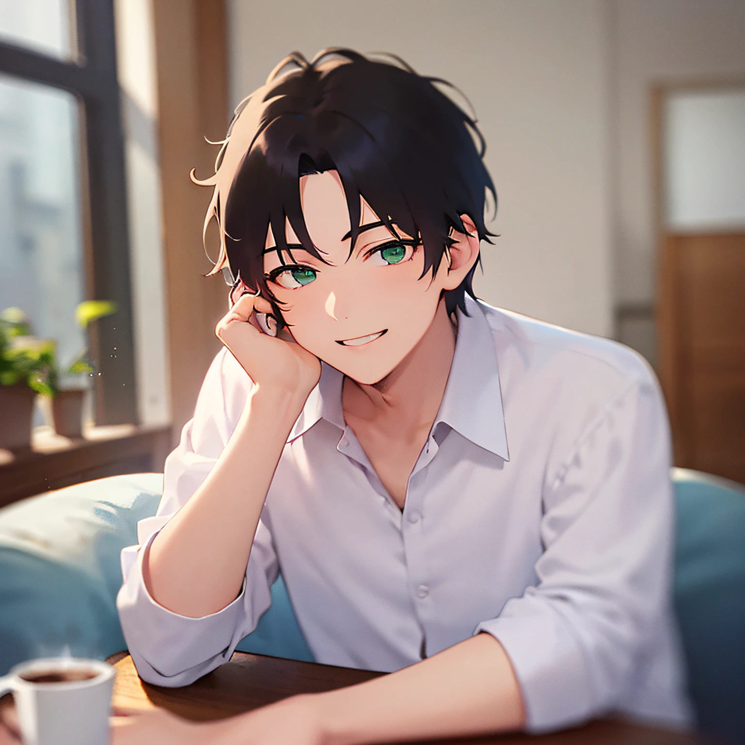 ​masterpiece、hightquality、25-year-old man with short black hair and green eyes、wearing a white shirt with buttons、(Alone:1.5)、(Gently smiling expression:1.1)、(Close-up of your face:1.3)、(Only the upper body is shown.:1.3)、Stay in the living room、Drinking coffee、Bold composition、