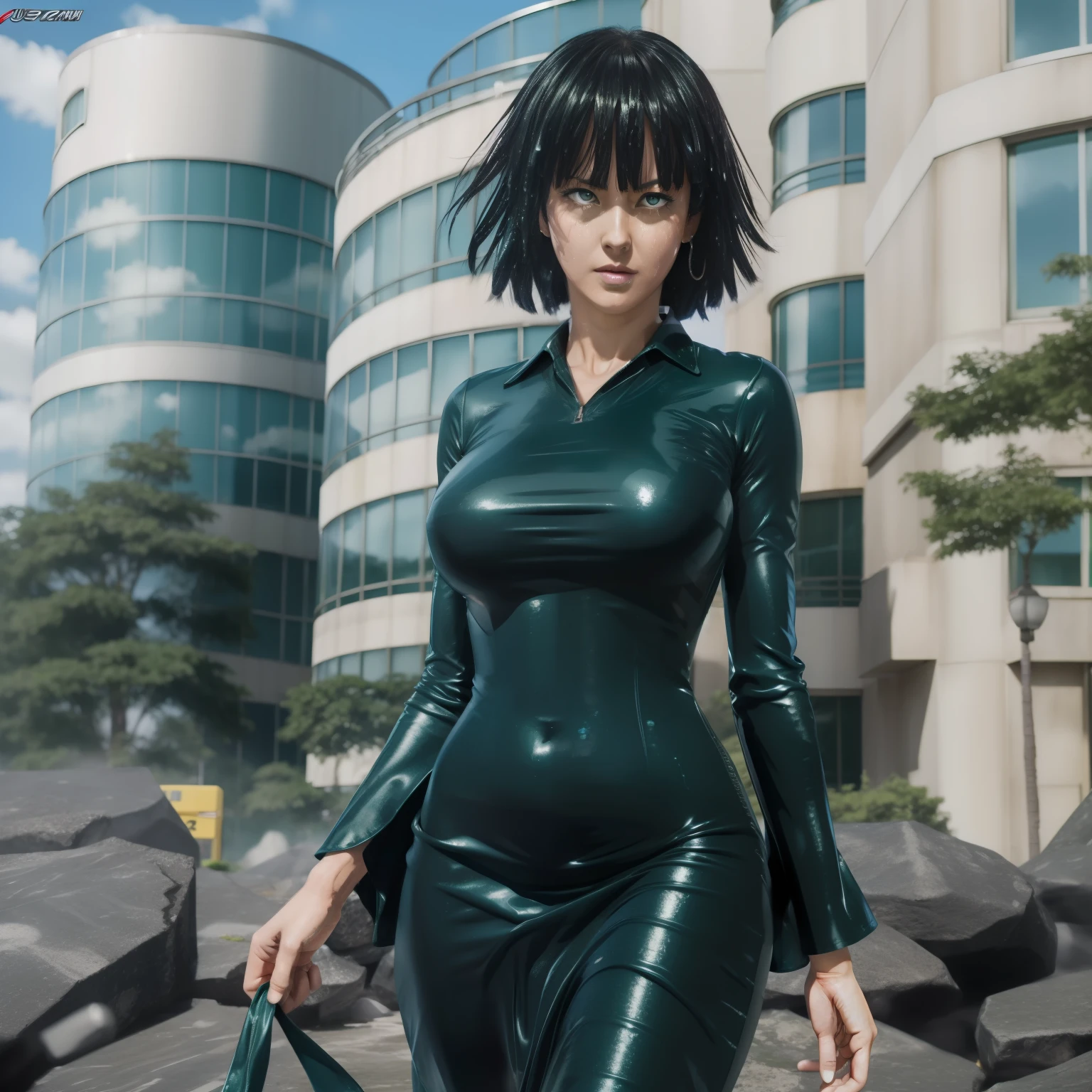 Fubuki in one punch man. Sexy. Green. Storm. Flying. Blue sky. Building, butt facing camera, back view, tight dress, wet dress, body hugging dress