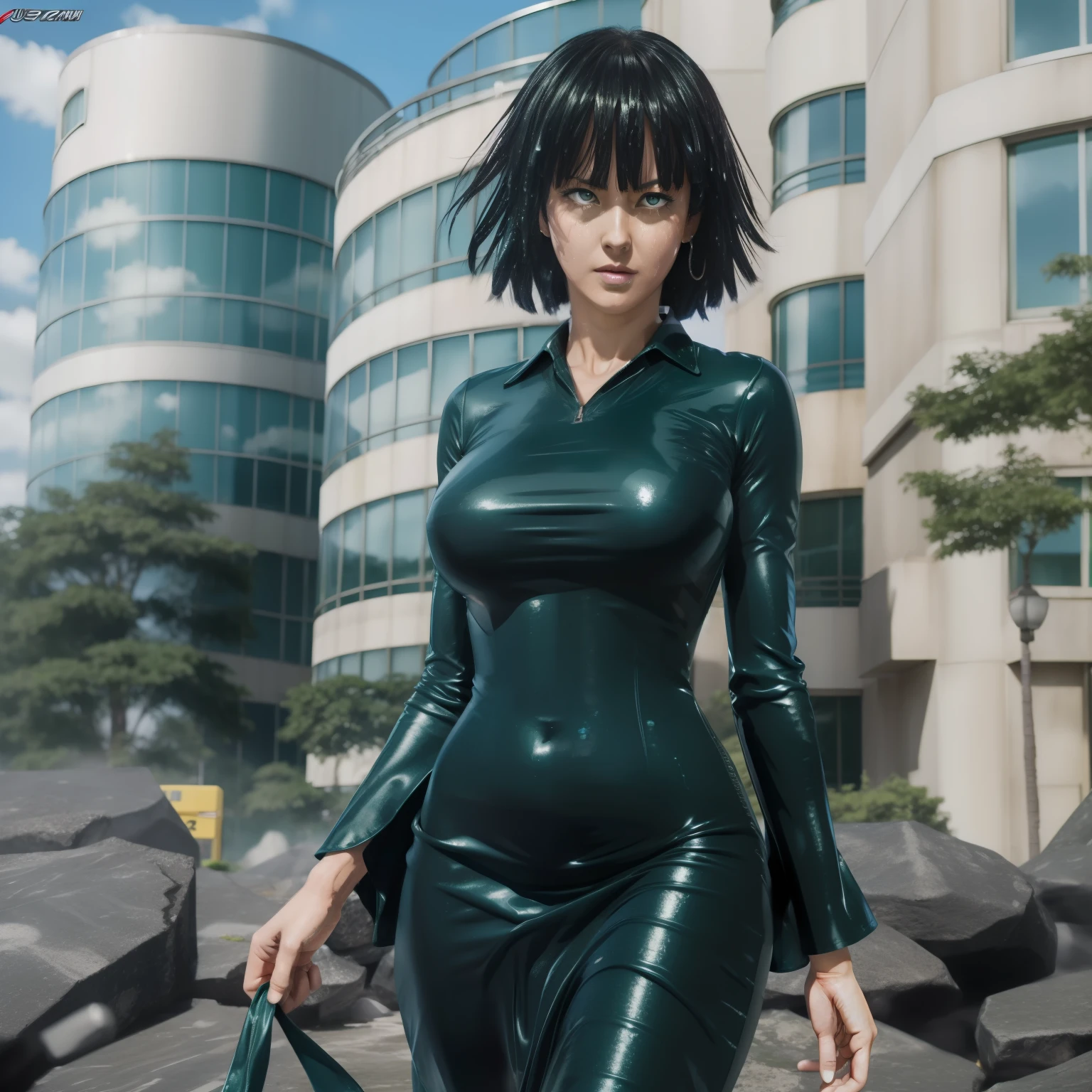 Fubuki in One Punch Man. sexy. Grün. Sturm. fliegend. blauer Himmel. Gebäude, Hintern zur Kamera, Rückansicht, enges Kleid, wet dress, figurbetontes Kleid