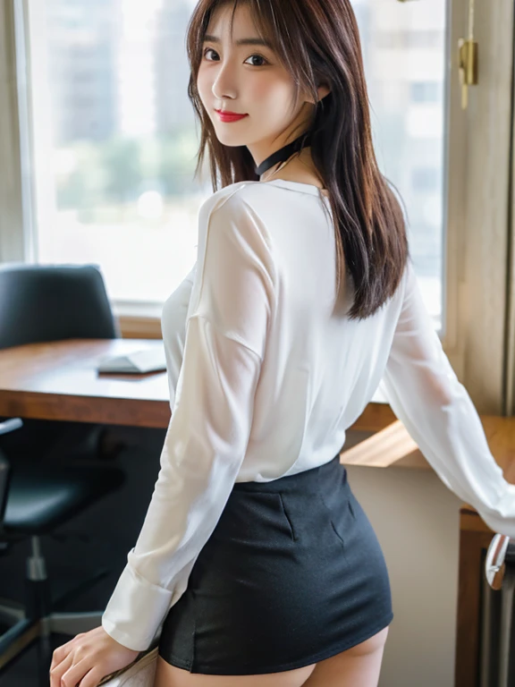 A 23-year-old woman wearing a bold miniskirt in a luxurious room, Rear view, Bold poses，Office Suits, Black stockings, garterbelts, Braless and white blouse, choker necklace, ssmile,Young Pretty Gravure Idol, Young Gravure Idol, Young Sensual Gravure Idol, Young skinny gravure idol, sophisticated gravure idol, masutepiece, Best Quality, exceptionally detailed RAW color photo, professional-grade photograph